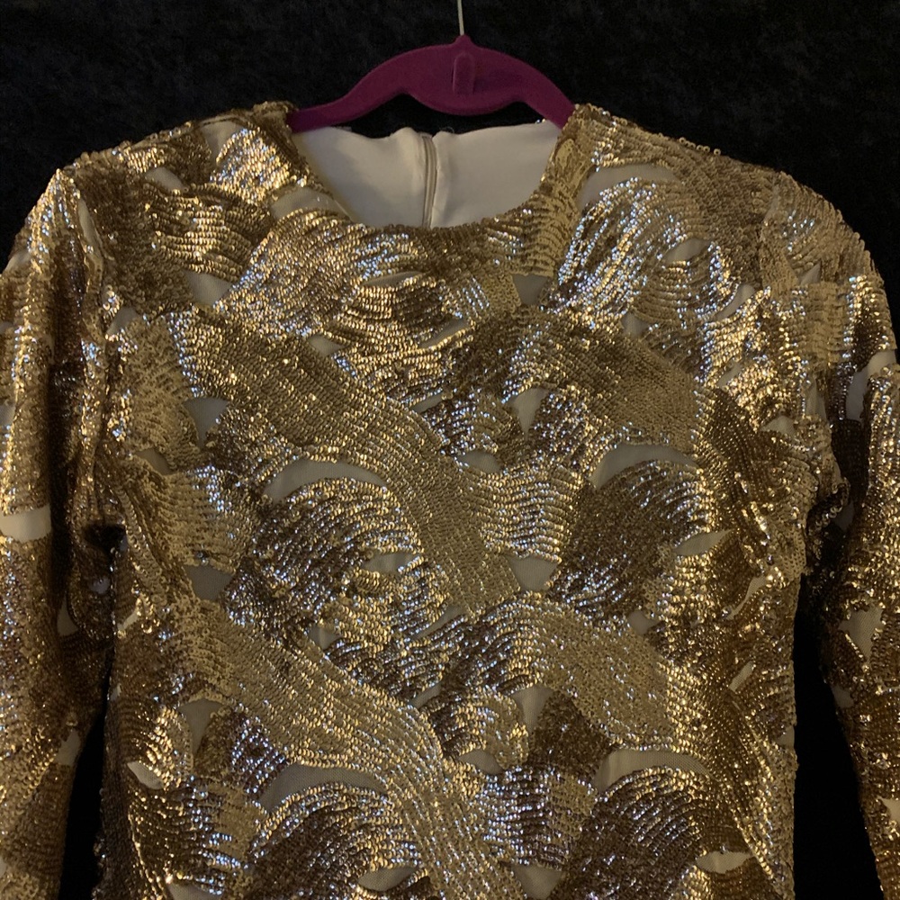 Shimmery gold beaded and sequined bodice.